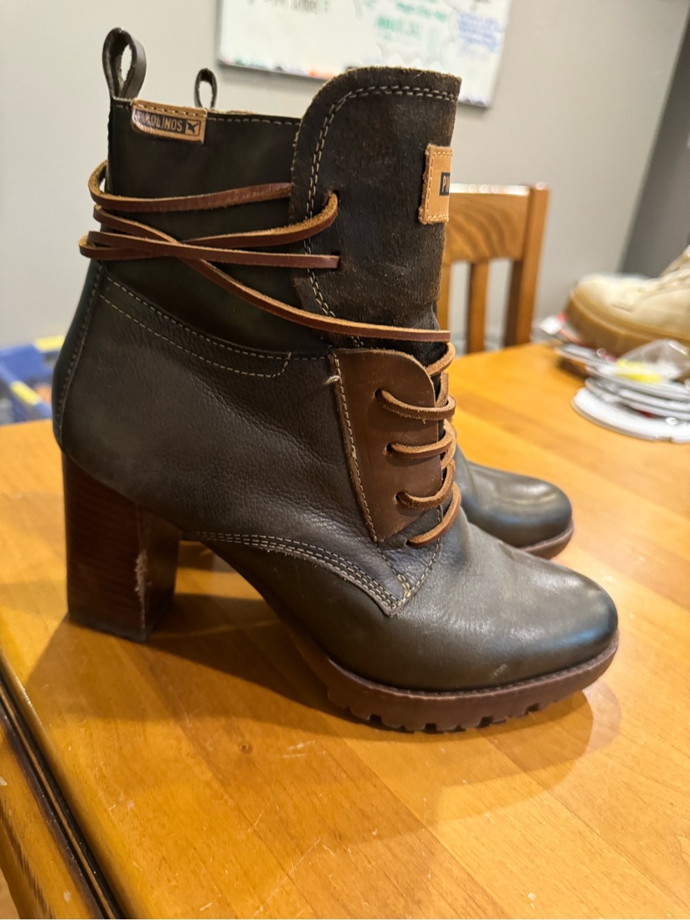 PIKOLINOS Dark Green Leather Lace-Up Block Heel Boots